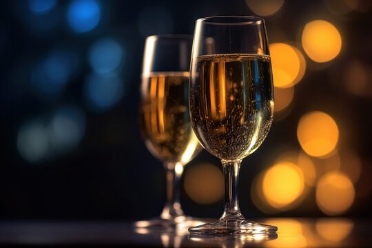 Two glasses of champagne on bokeh background, celebration concept., Generative Ai