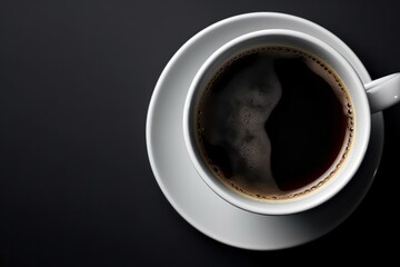 Cup of coffee on black background, top view with copy space, Generative Ai
