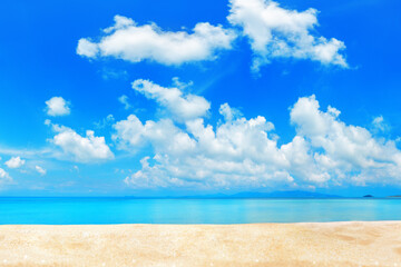 Fototapeta na wymiar Tropical island paradise beach, blue sea water, turquoise ocean, sand, sun sky white clouds, beautiful panorama landscape, summer holidays concept, vacation template, travel banner, empty copy space