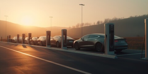 A network of high-speed electric vehicle charging stations along a scenic highway | generative AI