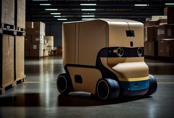 Concept industry 4.0 robotic Artificial Intelligence,Autonomous Robot AGV (Automated guided vehicle),warehouse logistic,smart Automated delivery vehicle shipping,robot carrier carrying. Generative AI