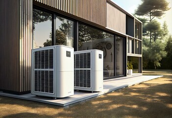 Air source heat pumps installed on the garden front  of a modern house. Renewable energy concept. Generative AI