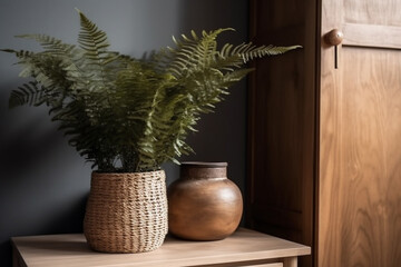 Beautiful potted fern and accessories on wooden cabinet in hallway. Space for text