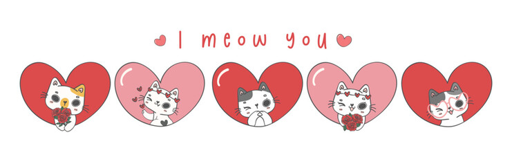 cute Valentine cat in heart group, kawaii animal doodle hand drawing illustration vector