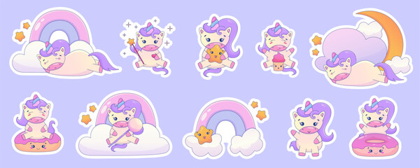 Cute Cartoon Unicorn Kawaii set. Unicorn with donut, rainbow kawaii animal sticker. Magic cute pony. Cartoon vector illustration