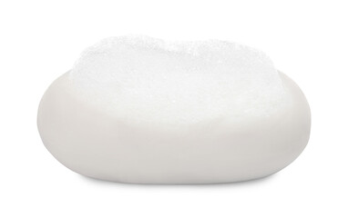 Soap bar with fluffy foam on white background