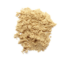 Heap of aromatic mustard powder on white background, top view