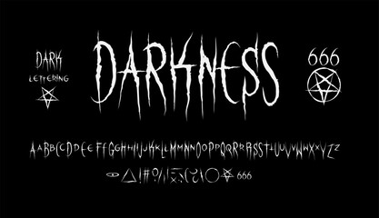 Y2k Darkness grunge tattoo type font template. Trendy Gothic Punk Rock and Dead Rock type font. Scary occult pictograms and elements. Scary font type in grunge style for prints and posters design