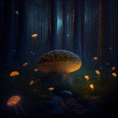glowing mushrooms in the night forest. Generative AI