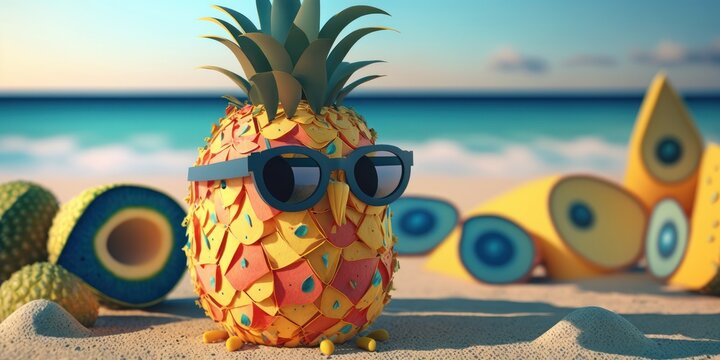pineapple with sunglasses on tropical sea summer background. Generative AI