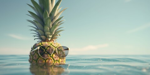 pineapple with sunglasses on tropical sea summer background. Generative AI