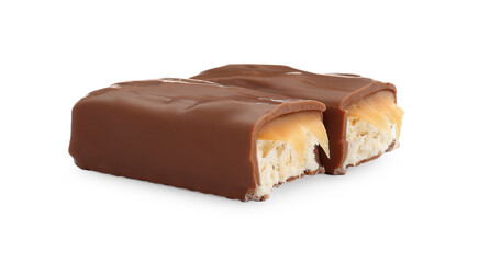 Pieces of chocolate bar with caramel on white background