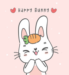 cute Happy joyful face white baby bunny rabbit with carrot greeting card kawaii cartoon animal doodle hand drawing outline vector