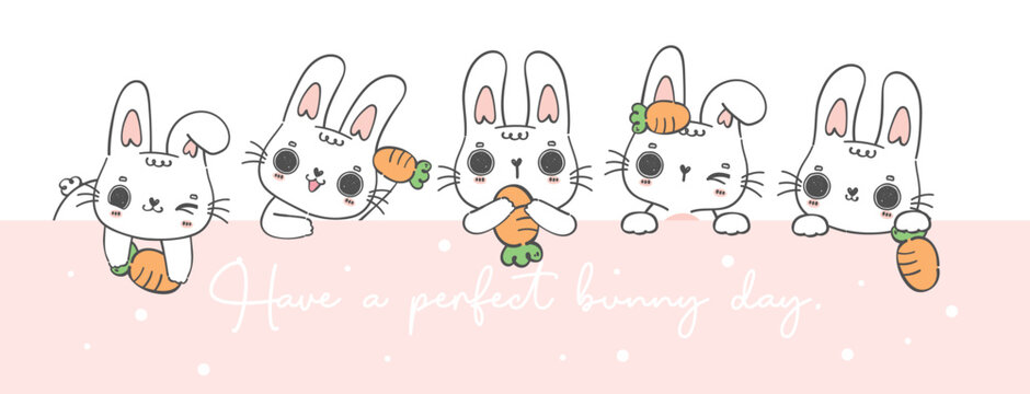 group of cute  baby bunny rabbit with carrot on banner, have a perfect bunny day, kawaii cartoon animal character doodle drawing outline banner