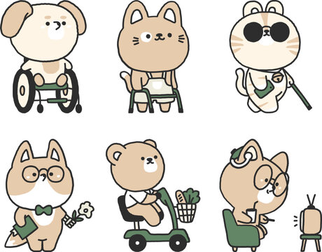 set of cartoon animal icons, Set of cute cartoon dogs and cats in wheelchair. Vector illustration.