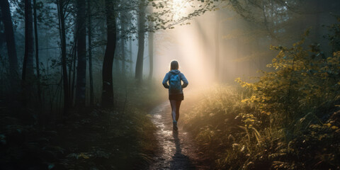 Dawn Trail Run: Woman Conquering the Forest with Determination and Strength. Generative AI