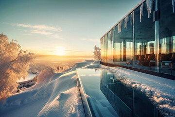 Obraz premium Frosty winter scenery and a beautiful modern hotel, Generative AI