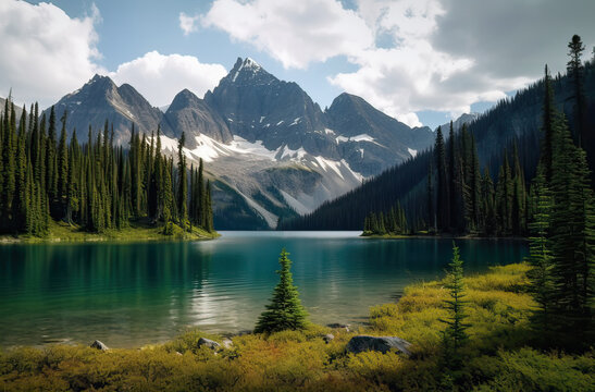 Beautiful green forest with a lake and snow capped mountains in the background. Generative AI.