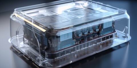 An electric vehicle battery pack with a transparent exterior, showcasing its advanced cell technology and cooling system | generative AI