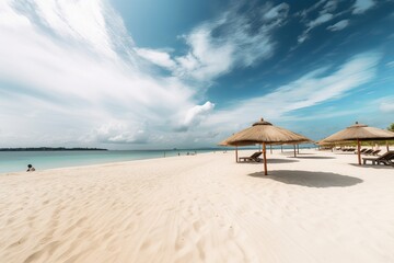 Beautiful beach, white sand chairs and umbrellas.