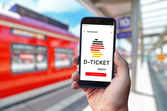 Germany - April 2023: Mobile app for 49 Euro ticket, also called 'Deutschlandticket' for public transportation in Germany