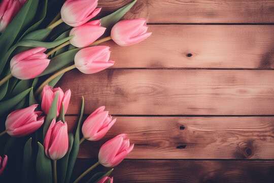 Bouquet of pink tulips flowers on pink vintage wooden background