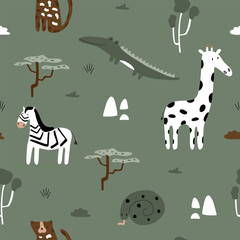 Childish seamless safari vector illustration with crocodile, leopard, giraffe and zebra surrounded by tropical plants for your design.