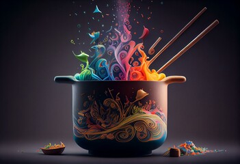 Cooking creativity with colors. Conceptual. Pot with chopsticks on it. Generative AI illustration