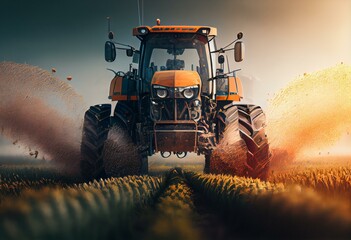 Tractor spraying pesticides wheat field. Generative AI