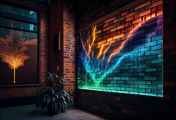 Aurora Borealis Illuminates Brick Wall in Hotel Lobby, generative ai