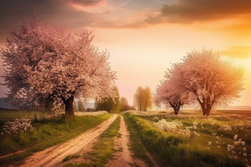 Fototapeta na wymiar Beautiful spring landscape with blooming cherry trees and road at sunset