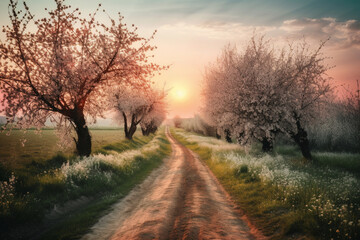 Fototapeta na wymiar Beautiful spring landscape with blooming cherry trees and road at sunset