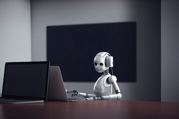Humanoid robot with a headset and a laptop, generative AI illustration