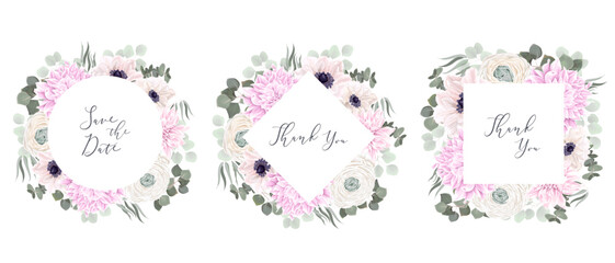 Vector set of flower frames. Pink dahlias, white roses, rununculus, anemones, eucalyptus, green plants and leaves.