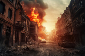 Destruction of city with fires, explosions and collapsing structures. Concept of war and disaster. Generative AI.