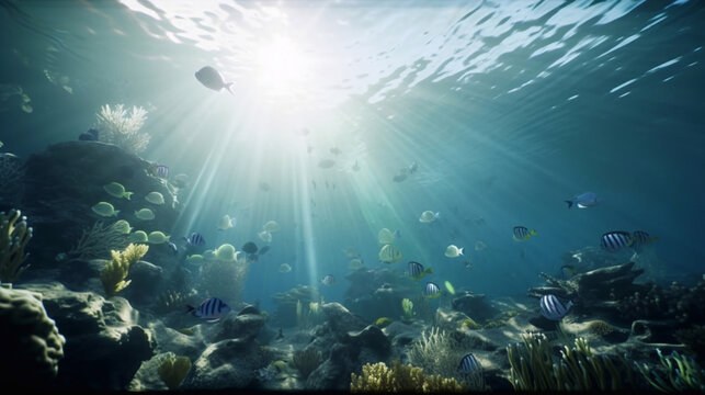 ocean with sea fish with corals in the rays of the sun.
