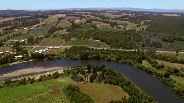 Aerial view over  the Malleco Valley in Cautin Province in Chile, South America. Rotating pan drone shot