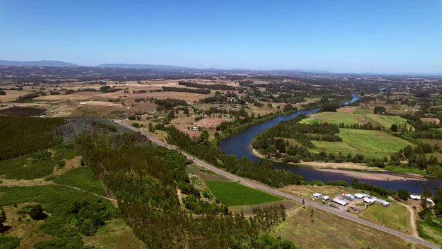 Aerial view over the Malleco Valley in Cautin Province in Chile, South America. Dolly forward drone shot