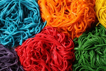 Rolled spaghetti painted with different food colorings as background, top view
