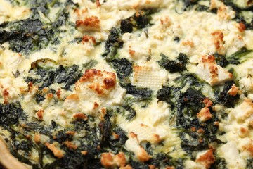 Obraz na płótnie Canvas Delicious homemade spinach quiche as background, closeup