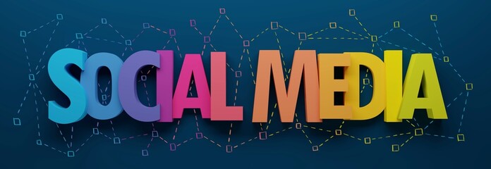 3D render of SOCIAL MEDIA typgoraphy with colorful hand-drawn network