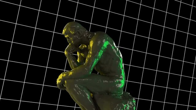 3D The Thinker Rotating Statue Animation. Sculpture In Webpunk Art Style. NFT Cryptoart Concept. 
