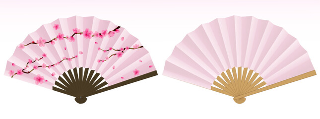 japanese folding fan cherry blossom isolated - 3d illustration - obrazy, fototapety, plakaty