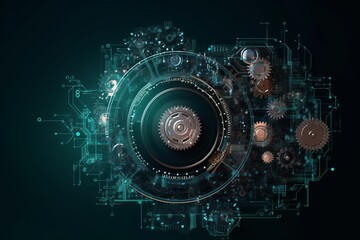 Obraz premium Gear on circuit motherboard for technology and business. Generative ai