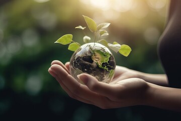 Earth day concept, hand with glass globe with growing little plant. Generative ai