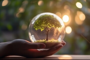 hand holding a glass sphere with tree inside, earth day concept. Generative ai