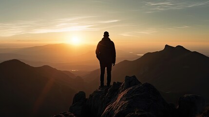 Man standing at top of mountain. Generative AI