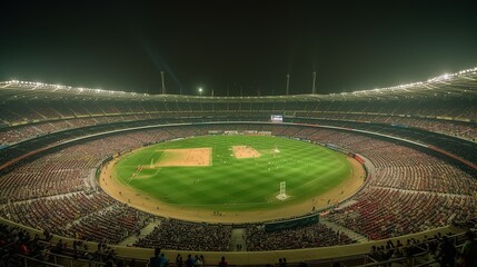 Obraz na płótnie Canvas Cricket stadium green grass and plan pitch, football stadium, Generative AI