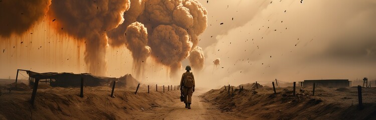 soldier in the war ground with his weapons and in background bomb blastings and nuclear blast, war, war zone, soldier, Generative AI