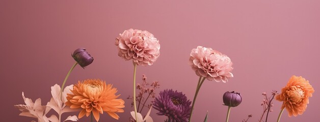 flowers in pink background, flower panorama background. Generative AI